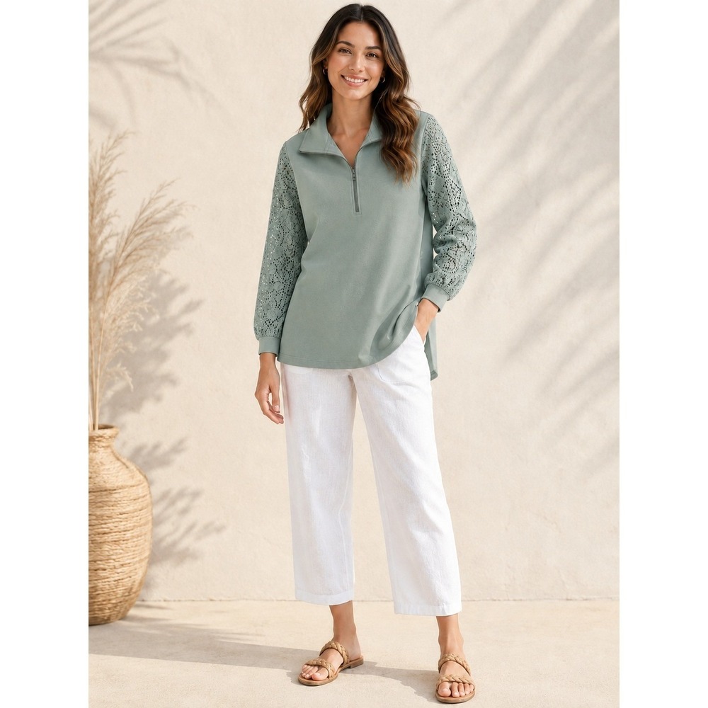 Soft Surroundings French Terry Pullover M Crochet Sleeve 1/4 Zip Beach Coastal